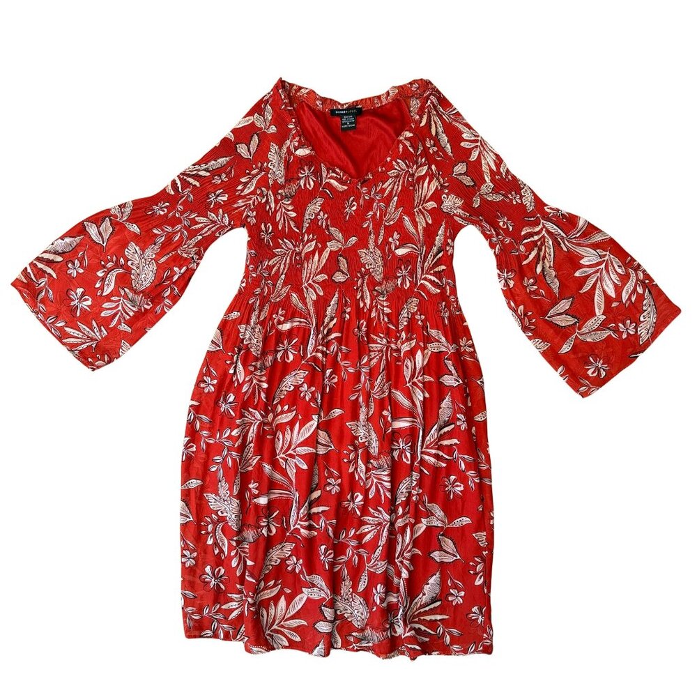 Robert Louis Red Rust Floral Bell Sleeve Flowy Pullover Dress Women’s Medium